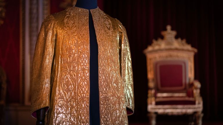 EMBARGOED TO 2200 BST MONDAY MAY 1 Detail of the Supertunica which forms part of the Coronation Vestments, displayed in the Throne Room at Buckingham Palace, London. The vestments will be worn by King Charles III during his coronation at Westminster Abbey on May 6. Picture date: Wednesday April 26, 2023.

