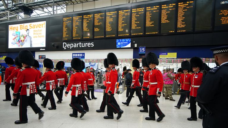 Members of the armed forces taking part in the coronation processions arrive into Waterloo station in London ahead of the coronation of King Charles III and Queen Camilla. Picture date: Saturday May 6, 2023. PA Photo. See PA story ROYAL Coronation. Photo credit should read: Peter Byrne/PA Wire