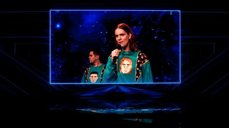 Dadi og Gagnamagnid from Iceland perform via video link during rehearsals at the Eurovision Song Contest at Ahoy arena in Rotterdam, Netherlands, Wednesday, May 19, 2021. A member of Dadi og Gagnamagnid tested positive for COVID-19 and the band made the decision to withdraw from performing in this year&#39;s live Eurovision Song Contest shows, as they only want to perform together as a group. (AP Photo/Peter Dejong)