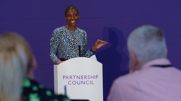 Dame Sharon White addresses the John Lewis partnership council on Wednesday. Pic: JLP