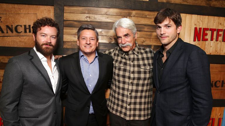 Danny Masterson, Netflix Chief Content Officer Ted Sarandos, Sam Elliott and Ashton Kutcher seen at a special screening of Netflix original series "The Ranch" at Arclight Hollywood on Monday, March 28, 2016, in Los Angeles. (Photo by Eric Charbonneau/Invision for Netflix/AP Images)