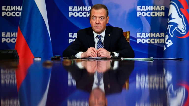 Russian Security Council Deputy Chairman and the head of the United Russia party Dmitry Medvedev 
Pic:AP