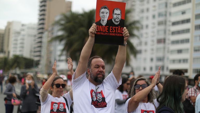 Relatives of British journalist Dom Phillips&#39; wife protest following the Amazon disappearance of Mr Phillips and indigenous expert Mr Pereira