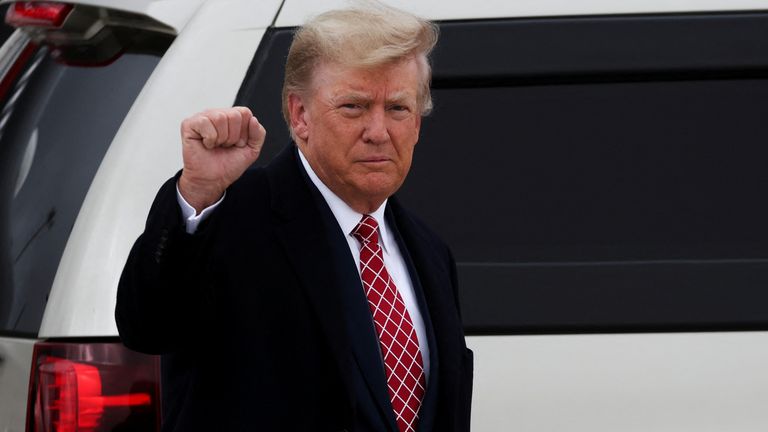 Former U.S. President and Republican presidential candidate Donald Trump gestures after arriving at Aberdeen International Airport in Aberdeen, Scotland, Britain May 1, 2023. REUTERS/Russell Cheyne
