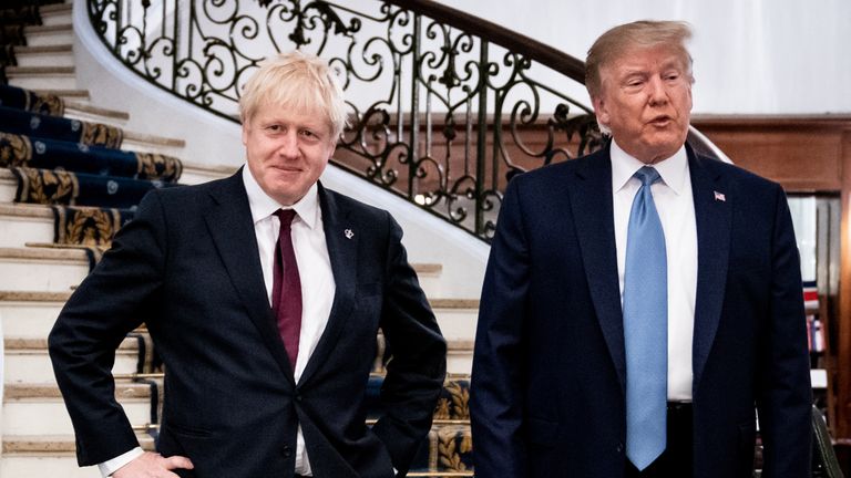 U.S. President Donald Trump and Britain&#39;s Prime Minister Boris Johnson arrive for a bilateral meeting during the G7 summit in Biarritz, France, August 25, 2019. Erin Schaff/Pool via REUTERS