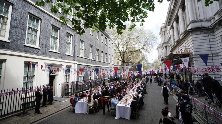 A general view of Prime Minister Rishi Sunak and wife, Akshata Murty, hosting a Coronation Big Lunch in Downing Street, London, for volunteers, Ukrainian refugees in the UK, and youth groups. Thousands of people across the country are celebrating the Coronation Big Lunch on Sunday to mark the crowning of King Charles III and Queen Camilla. Picture date: Sunday May 7, 2023. PA Photo. See PA story ROYAL Coronation Sunak. Photo credit should read: Jordan Pettitt/PA Wire 