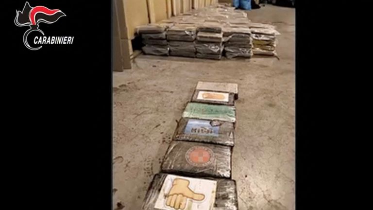Drug packages are displayed in an unknown location following an operation of the Carabinieri del Ros and the Provincial Command of Reggio Calabria in Italy and in various foreign countries 