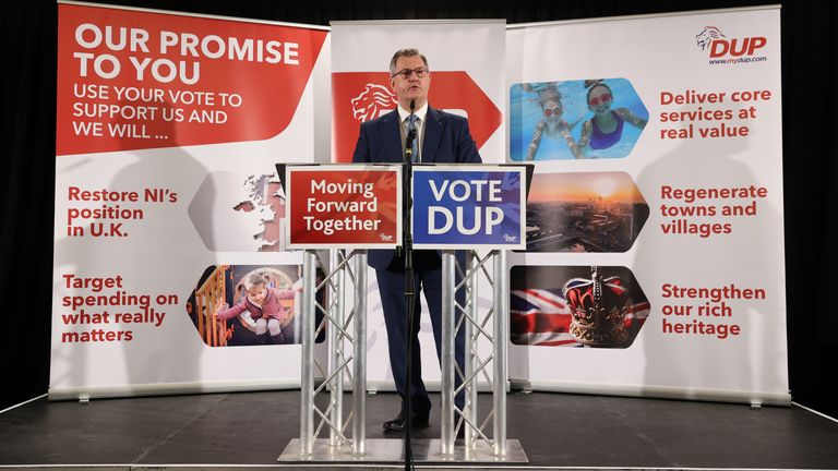 DUP leader Sir Jeffrey Donaldson launching the party&#39;s local election campaign on 11 May