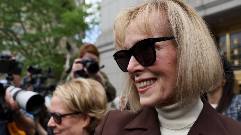 E. Jean Carroll reacts as she exits the Manhattan Federal Court following the verdict in the civil rape accusation case against former U.S. President Donald Trump, in New York City, U.S., May 9, 2023. REUTERS/Brendan McDermid
