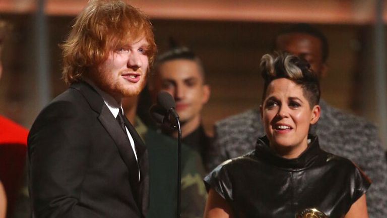 Ed Sheeran, left, and Amy Wadge accept the award for song of the year for “Thinking Out Loud” at the 58th annual Grammy Awards on Monday, Feb. 15, 2016, in Los Angeles. (Photo by Matt Sayles/Invision/AP)


