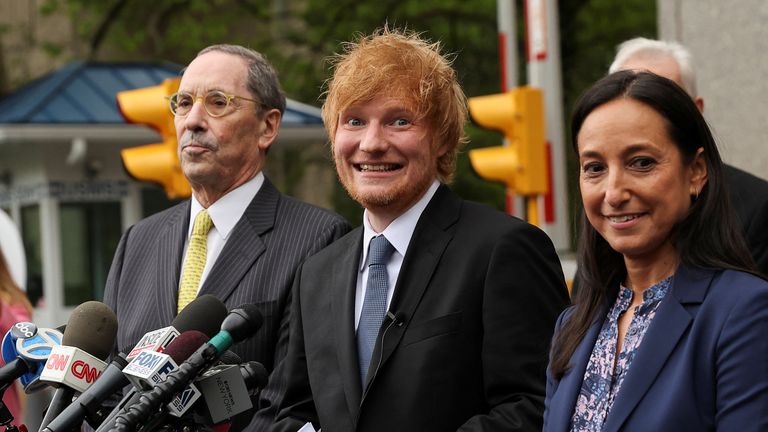 Singer Ed Sheeran speaks to the media, after after his copyright trial at Manhattan federal court, in New York City