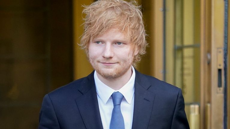 Recording artist Ed Sheeran departs New York Federal Court as proceedings are suspended in his copyright infringement trial, Monday, May 1, 2023, in New York. (AP Photo/John Minchillo)