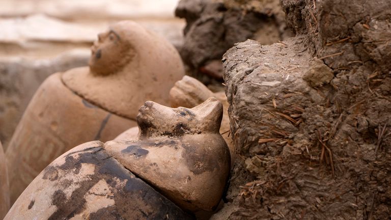 Canopic jars, which were made to contain organs that were removed from the body in the process of mummification. Pic: AP