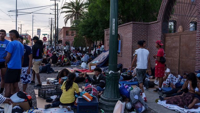 Migrants, mostly from Venezuela, camping out in front of Sacred Heart Church in advance of the planned 11 May ending of COVID-19 border restrictions known as Title 42