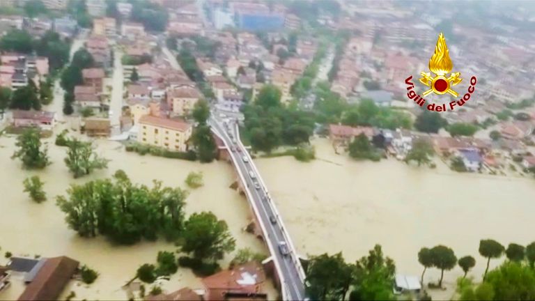 Flooded houses in Cesena, in the northern Italian region of Emilia Romagna
Pic:Vigili del Fuoco/AP