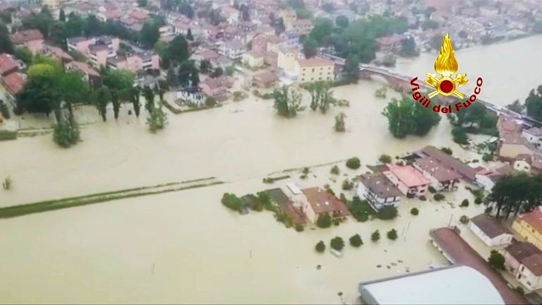 Flooded houses in Cesena, in the northern Italian region of Emilia Romagna
Pic:Vigili del Fuoco/AP