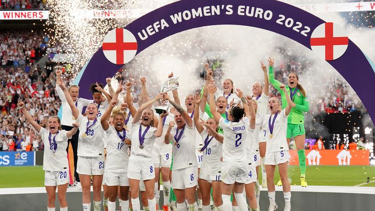 File photo dated 31-07-2022 of England&#39;s Leah Williamson and Millie Bright lifting the trophy as England celebrate winning the UEFA Women&#39;s Euro 2022 final at Wembley Stadium, London. Issue date: Thursday April 27, 2023.
