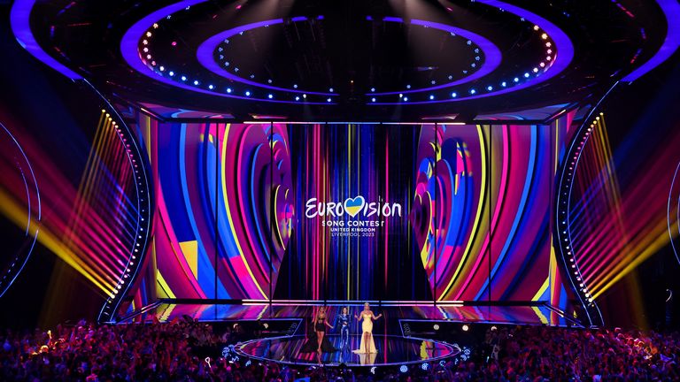 Hosts Julia Sanina, Hannah Waddingham and Alesha Dixon during the second semi-final of the 2023 Eurovision Song Contest in Liverpool