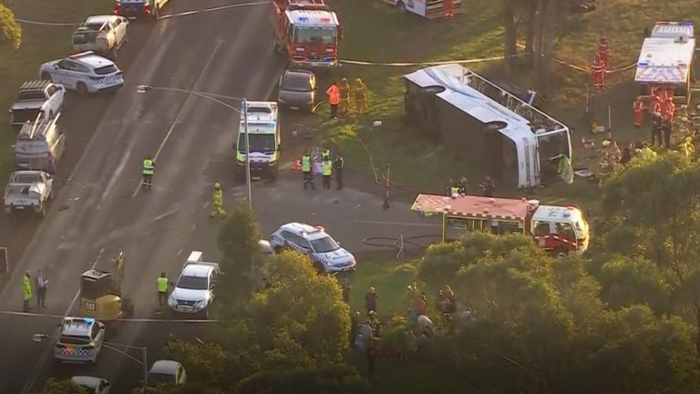 Truck crashed into school bus in Eynesbury, near Melbourne. Pic: AP