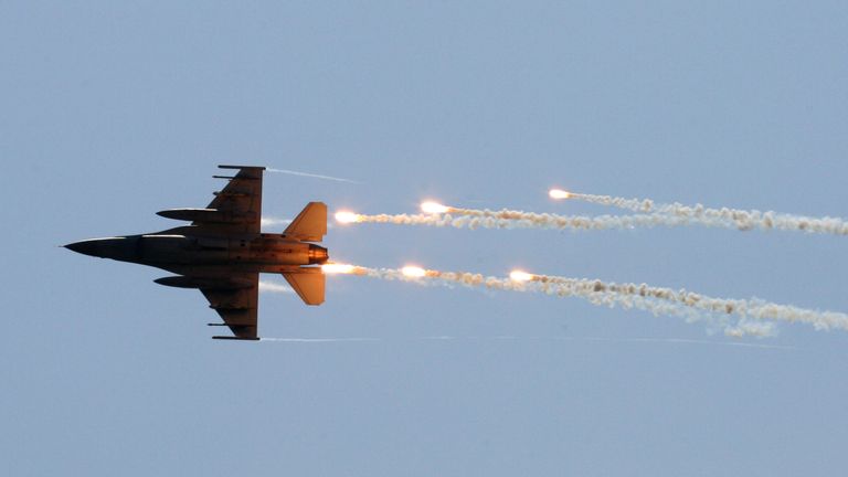 A US-made F-16 fighter jet drops flares during the annual Han Kuang No. 22 Military Exercise in 2006.
