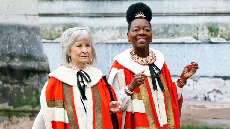 Baroness Floella Benjamin (right) arriving ahead of the coronation ceremony of King Charles III and Queen Camilla at Westminster Abbey, London. Picture date: Saturday May 6, 2023. Jane Barlow/Pool via REUTERS