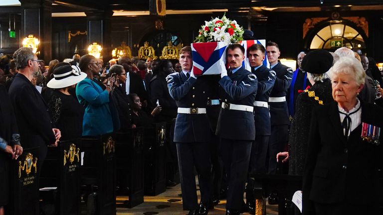 The funeral of RAF Sergeant Peter Brown at St Clement Danes Church, in London, one of the last black RAF pilots to have fought in the Second World War. Born in Jamaica in 1926, Sgt Brown died alone aged 96 in Maida Vale, London. He enlisted in the RAF Volunteer Reserve in September 1943. A campaign had been launched by a national newspaper to find Sgt Brown&#39;s surviving family members. Picture date: Thursday May 25, 2023.