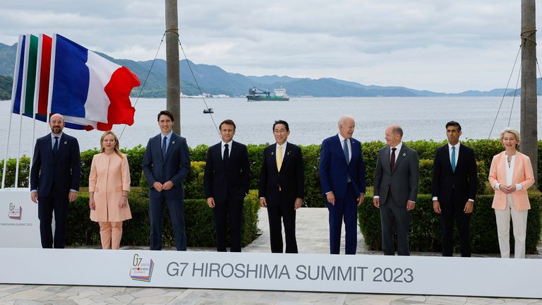 Leaders pose at the G7 summit, at the Grand Prince Hotel in Hiroshima, Japan. Pic: AP