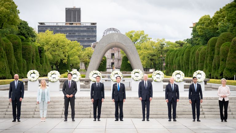 G7 leaders at the Peace Memorial Park where they laid wreaths at the Cenotaph before attending the first working session of the G7 Summit in Hiroshima, Japan. Picture date: Friday May 19, 2023.
