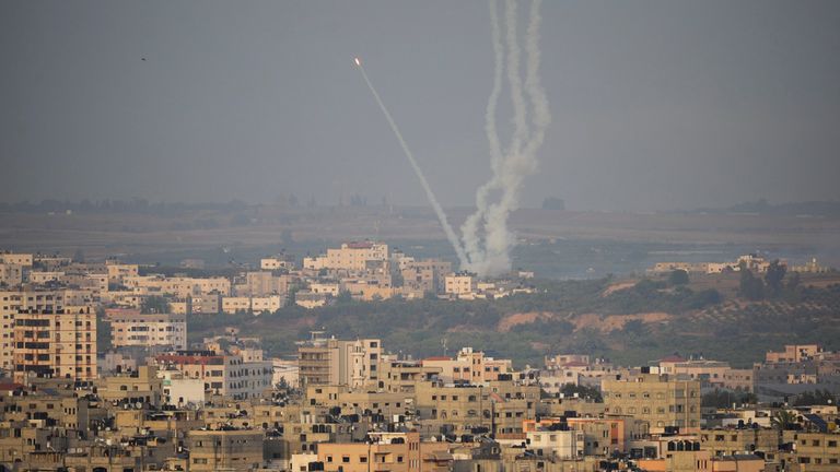 Rockets are launched towards Israel from Gaza City on Thursday Pic: AP 