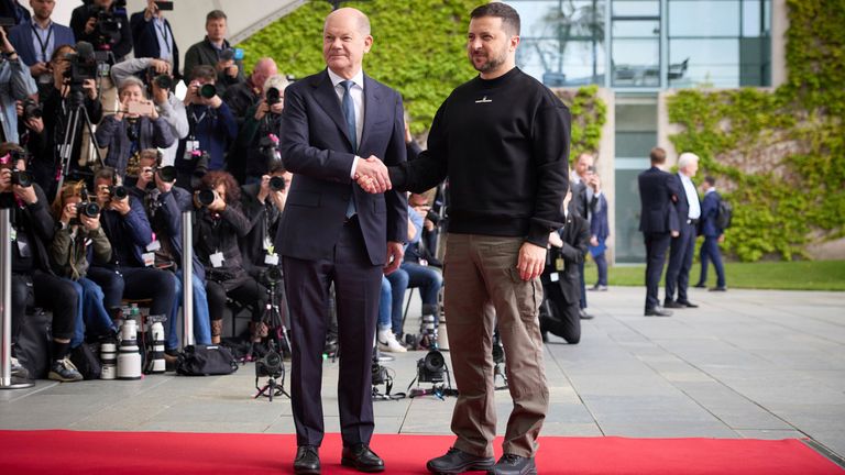 President Volodymyr Zelenskyj meets Federal Chancellor Olaf Scholz in the Chancellery, President Volodymyr Zelenskyj visits Germany May 14, 2023 Official visit of the President of Ukraine to Germany.  Photo by: Presidential Office of Ukraine/picture-alliance/dpa/AP Images