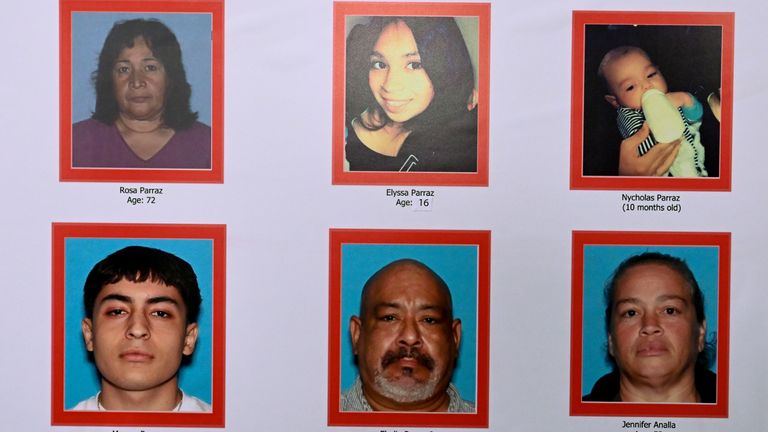 The victims of a shooting in Goshen, Calif., are displayed during a news conference, Tuesday, Jan. 17, 2023, in Visalia, Calif. (Ron Holman/The Times-Delta via AP)