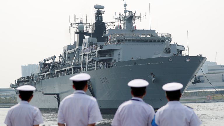 HMS Albion, a British Royal Navy amphibious assault ship, arrives at Harumi Pier in Tokyo, Japan August 3, 2018. REUTERS/Toru Hanai