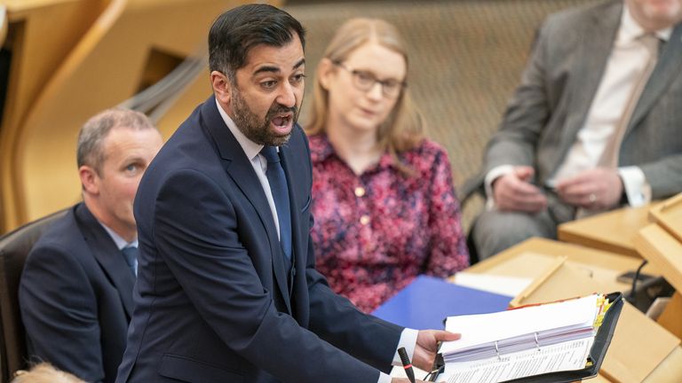 First Minister of Scotland Humza Yousaf in the main chamber during First Minster&#39;s Questions at the Scottish Parliament in Holyrood, Edinburgh. Picture date: Thursday May 4, 2023.