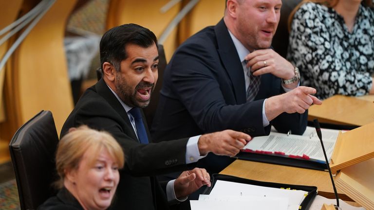 First Minister of Scotland Humza Yousaf in the main chamber during First Minster&#39;s Questions at the Scottish Parliament in Holyrood, Edinburgh. Picture date: Thursday May 11, 2023.