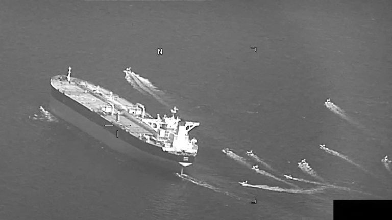 Fast-attack crafts from Iran&#39;s Islamic Revolutionary Guard Corps Navy swarming Panama-flagged oil tanker Niovi as it transits the Strait of Hormuz from Dubai to port of Fujairah in the United Arab Emirates, Arabian Gulf early hours of May 3, 2023, are seen in this screenshot of a video shot provided by U.S. Navy on May 3, 2023. U.S. Naval Forces Central Command / U.S. 5th Fleet/Handout via REUTERS ATTENTION EDITORS - THIS PICTURE WAS PROVIDED BY A THIRD PARTY
