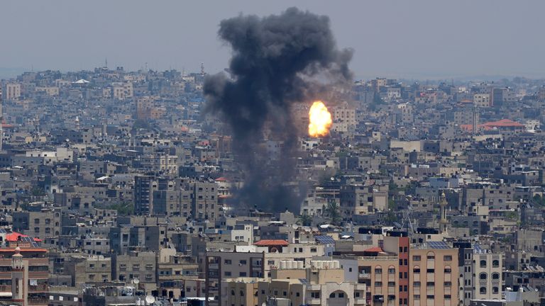 Smoke and fire rise from an explosion caused by an Israeli airstrike on Gaza City. Pic: AP