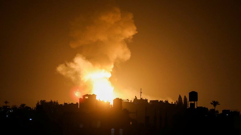 An explosion is seen in the southern Gaza Strip