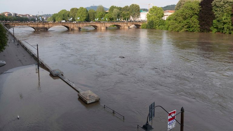 The Po river floods its banks in Turin, Italy, Sunday, May 21, 2023. Rescue crews are working to reach towns and villages in northern Italy that were cut off from highways, electricity and cell phone service following heavy rains and flooding. Farmers are warning of ...incalculable... losses and authorities have begun mapping out cleanup and reconstruction plans. Pic: AP