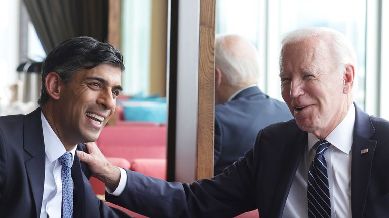 Rishi Sunak talks with Joe Biden before a session on the first day of the G7 Leaders Summit in Hiroshima Japan 
Pic:No 10 Downing Street