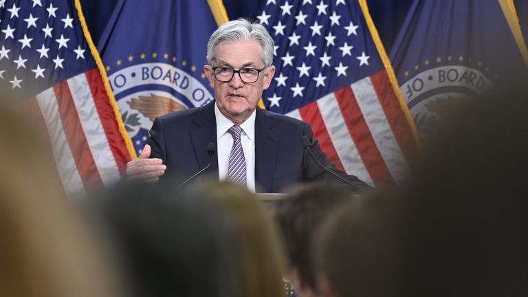Fed chair Jay Powell takes reporters&#39; questions on 3 May. Pic: Federal Reserve