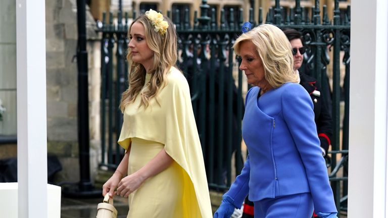 First Lady of the United States, Dr Jill Biden and her grand daughter Finnegan Biden (left) arriving at Westminster Abbey, central London, ahead of the coronation ceremony of King Charles III and Queen Camilla...Picture date: Saturday May 6, 2023. PA Photo. See PA story ROYAL Coronation. Photo credit should read: Andrew Milligan/PA Wire