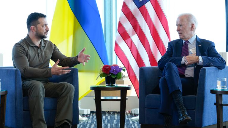 President Joe Biden meets with Ukrainian President Volodymyr Zelenskyy in Hiroshima, Japan, on Sunday. Pic: AP
