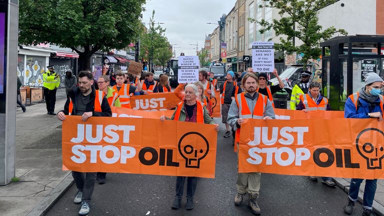 Just Stop Oil protesters take part in a march in Camden Town, north west London, as part of the group&#39;s campaign to convince the Government to end all new oil and gas projects in the UK. Picture date: Tuesday May 9, 2023.
