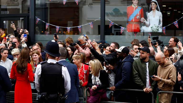 Catherine, Princess of Wales, greets people after visiting The Dog and Duck Pub in Soho, London, Britain May 4