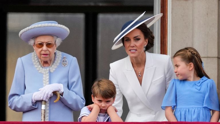  Britain&#39;s Queen Elizabeth, Catherine, Duchess of Cambridge, along with Princess Charlotte, Princess Charlotte and Prince Louis appear on the balcony of Buckingham Palace as part of Trooping the Colour parade during the Queen&#39;s Platinum Jubilee celebrations in London, Britain, June 2, 2022. Alastair Grant/Pool via REUTERS