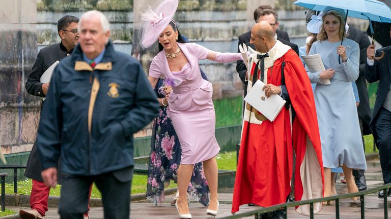 US singer Katy Perry, leaves Westminster Abbey following the coronation ceremony of King Charles III and Queen Camilla in London, Saturday, May 6, 2023. (Jane Barlow/Pool Photo via AP)