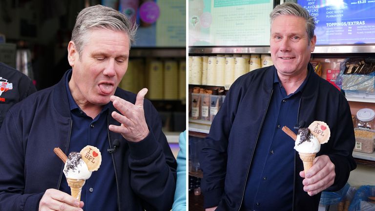 Labour Party leader Sir Keir Starmer with an ice cream at Notarianni Ices during a visit to the seaside resort of Blackpool, Lancashire, whilst campaigning for the local elections on May 4. Picture date: Monday May 1, 2023.

