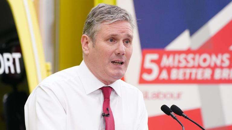 Labour leader Sir Keir Starmer making a speech about the NHS during a visit to East of England Ambulance Service NHS Trust (EEAST) Hazardous Area Response Team (HART) Station in Braintree, Essex. Picture date: Monday May 22, 2023.