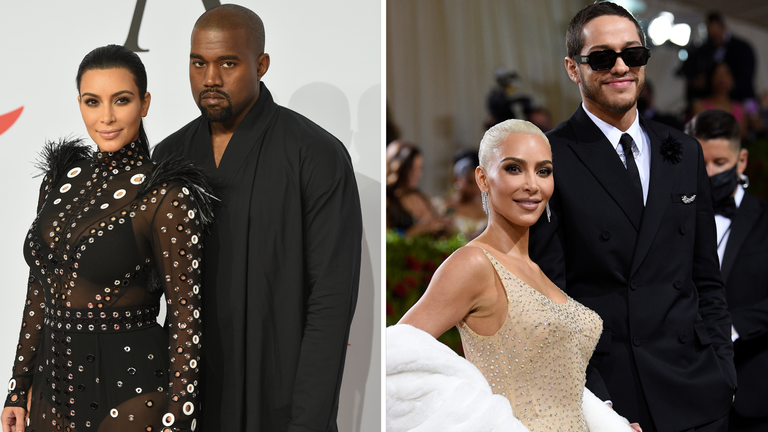 Kim Kardashian split from Kanye West (L) in 2022 and started dating Pete Davidson (R) for nine months. Pic: AP