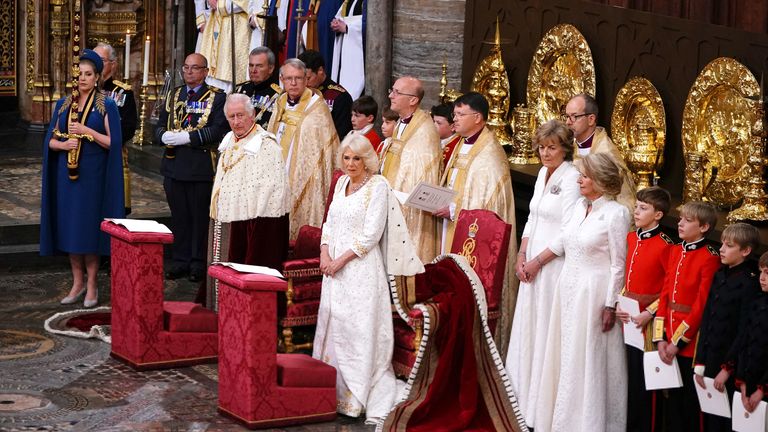 King Charles III and Queen Camilla during their coronation ceremony in Westminster Abbey